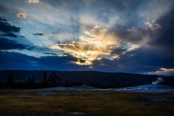 Sunset over quiet Old Faithful - Yellowstone - 2012