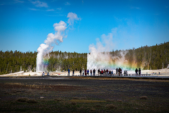 One rainbow, two geysers. Lion Geyser on left and Beehive Geyser on the right. - 2015