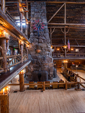500 ton 8-hearth fireplace inside Old Faithful Inn - 2015